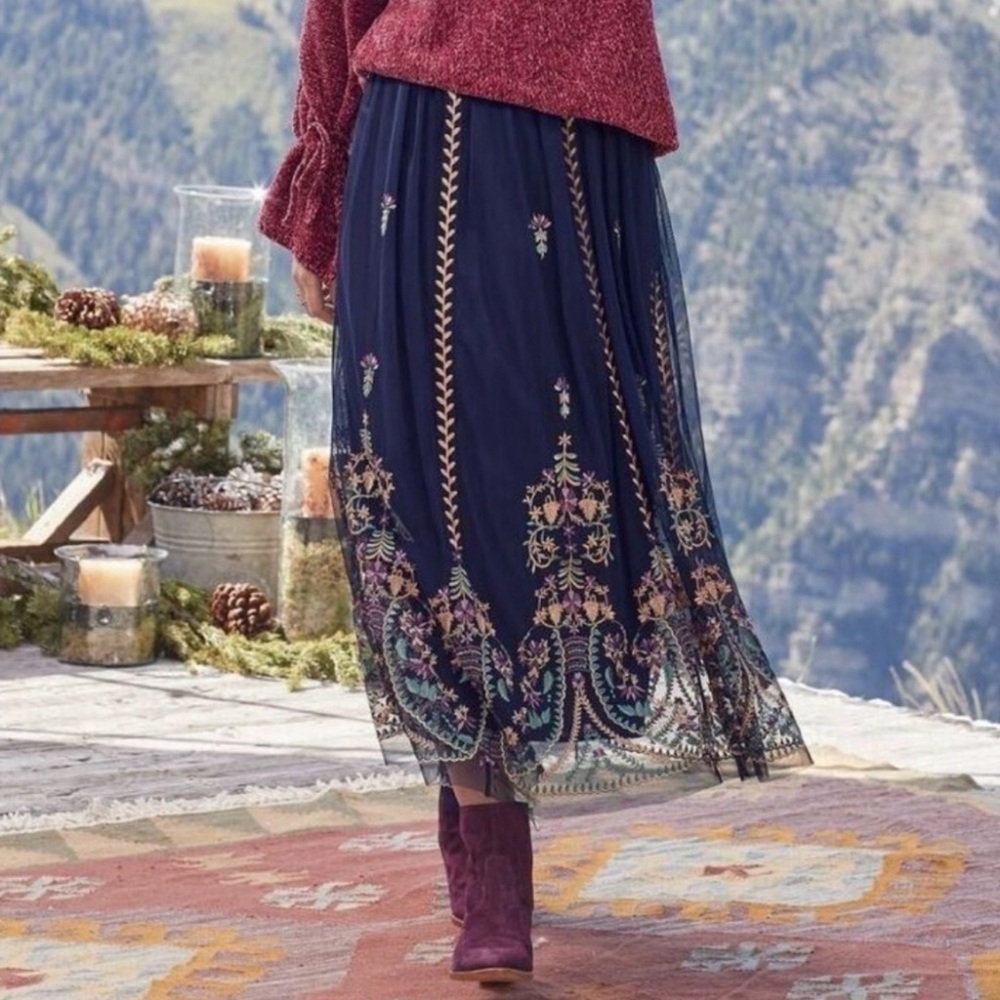 EUC Sundance Embroidered Navy Blue Maxi Skirt